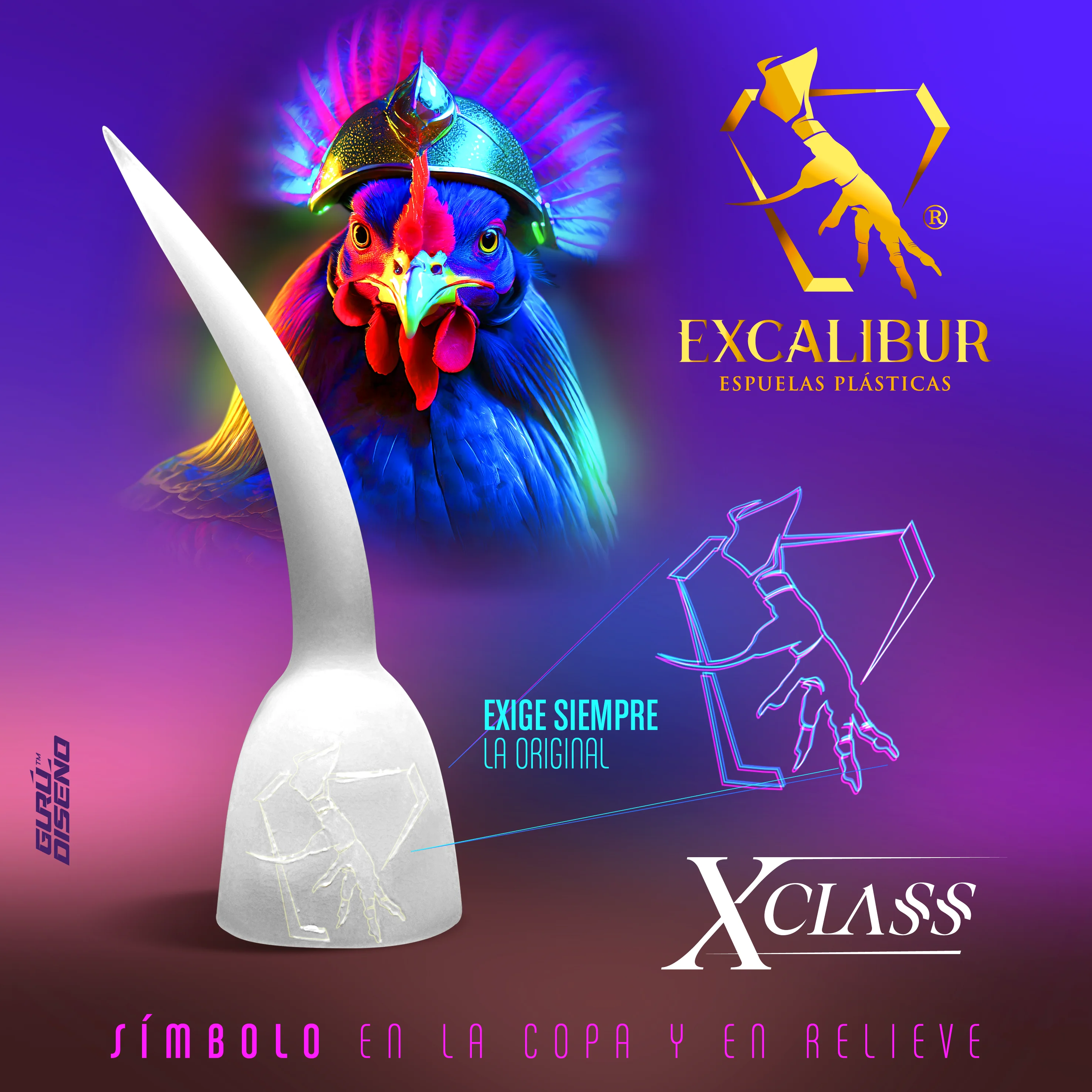 Presentación comercial de espuelas plásticas Excalibur XClass con producto destacado